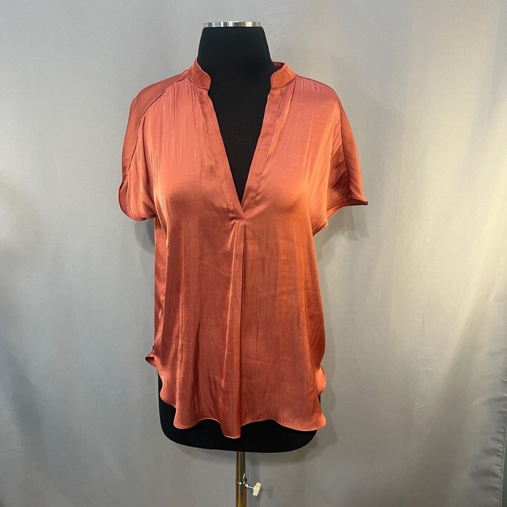 Reset By Jane Esme Top Womens Medium Orange Ruched Shoulder Rounded Hem V Neck